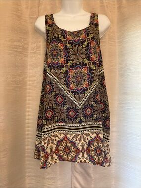 OOTD Sleeveless Boho Mosaic Print Shift Dress - Navy Multi-colored size Small